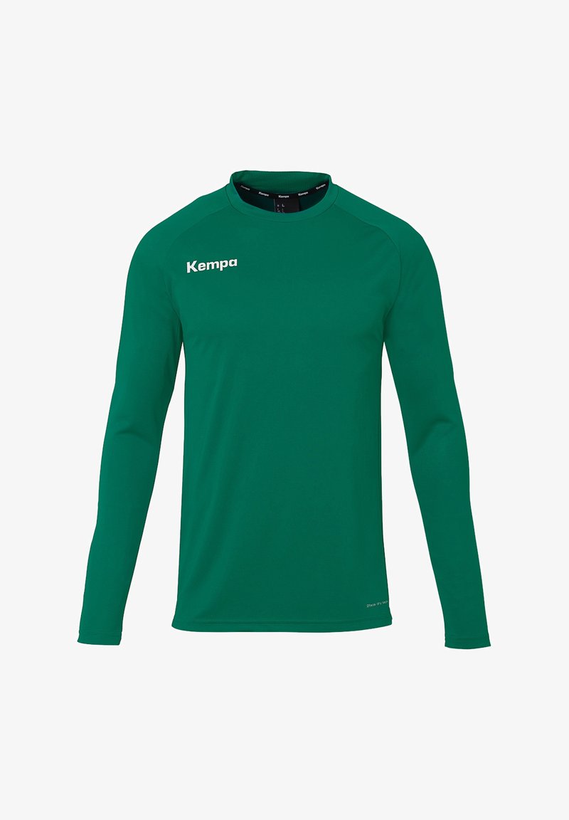 Grøn langærmet sports T-shirt med rund hals; lavet af glat stof; har hvidt 'Kempa' logo på venstre brystområde.