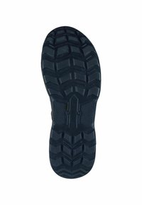 Black rubber sole with deep tread patterns, featuring horizontal and vertical grooves for traction and grip. Smooth texture with rounded edges.