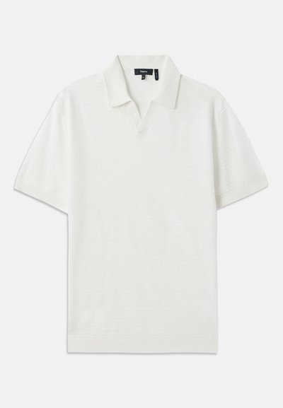 Weißes Poloshirt mit kurzen Ärmeln, strukturiertem Muster, V-Ausschnitt und weichem Stoff. Verfügt über dezente, klare Linien und eine legere Passform.