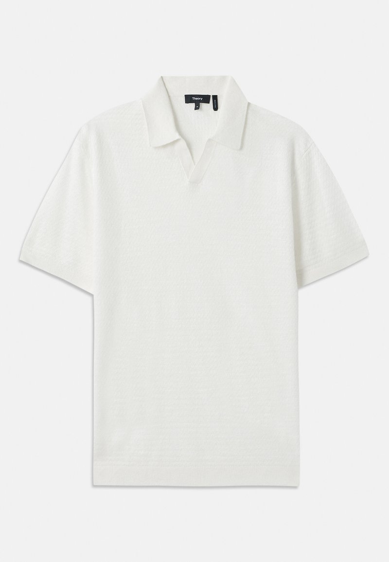 White short-sleeve polo shirt with a textured pattern, v-neck collar, and soft fabric. Features subtle, clean lines and a relaxed fit.
