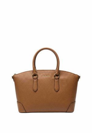 Sac à main Michael Kors en cuir marron texturé avec deux poignées arrondies, une fermeture éclair, et un logo doré au centre avant.