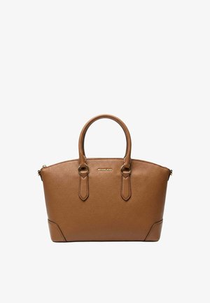 Sac à main Michael Kors en cuir marron texturé avec deux poignées arrondies, une fermeture éclair, et un logo doré au centre avant.
