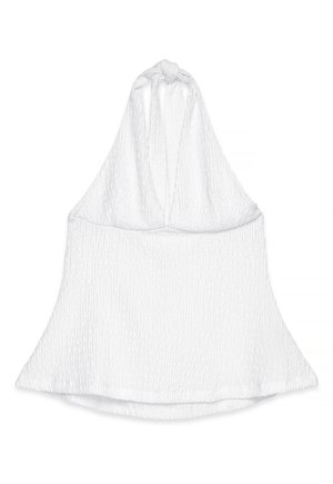 Haut blanc texturé à col noué, avec un détail de nœud au niveau de l'encolure et un ourlet légèrement évasé.