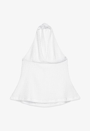 Balta tekstūruota palaidinė su kaklo raišteliu ir mazgu kaklo srityje, šiek tiek platėjančia apačia.