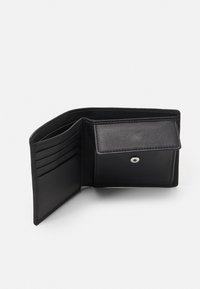Black leather wallet with multiple card slots, a coin pocket, and a snap closure. Smooth texture and structured design.