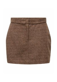 Bruine, gestructureerde mini-jurk met een aansluitend ontwerp, subtiel ruitpatroon en een schone tailleband zonder zichtbare sluitingen of zakken.