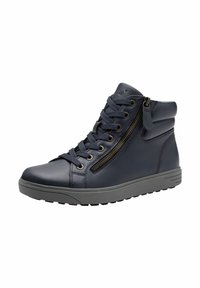 Navy leather high-top sneaker with lace closure and side zipper. Features textured material, rubber sole, and subtle stitching accents.