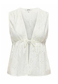 Witte mouwloze blouse met een diepe V-hals en strik taille. Bevat oogjes borduurwerk met bloemenpatronen, een zachte textuur en lichtgewicht stof.