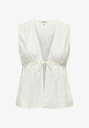 Balta bez piedurknēm blūze ar dziļu V-veida kakla izgriezumu un saitīti jostas daļā. Iezīmē acu izšuvumu ar ziedu rakstiem, maigu tekstūru un vieglu audumu.