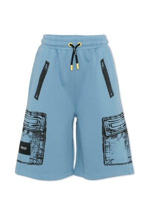 Pantaloncini blu al ginocchio con cerniera nera e stampe di tasche a toppa, vita elastica e coulisse nera con punte gialle.