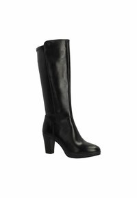 Knee-high zwarte leren laarzen met een gladde afwerking, vierkante neus en een gematigd blokhak, voorzien van een zijrits en decoratieve stiksels.