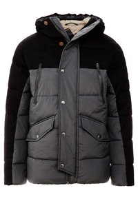 Giacca a vento da uomo con design a blocchi di colore nero e grigio. Presenta un cappuccio, bottoni a pressione e due tasche frontali con cerniere.