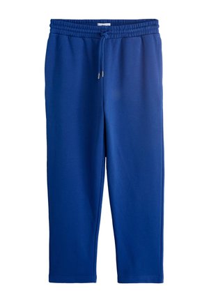 Pantaloni de trening albaștri cu talie elastică, șnur reglabil și buzunare laterale, din țesătură moale.