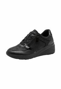 Baskets en cuir noir avec un bout arrondi, un laçage à l'avant, une fermeture éclair sur le côté et des accents texturés. Elles possèdent un talon compensé et une semelle en caoutchouc.