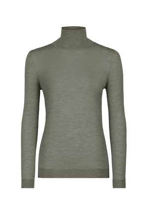 Olive green turtleneck sweater made of lightweight, textured fabric; features long sleeves and a fitted design with ribbed cuffs and hem.