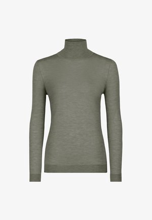 Olivenfarvet turtleneck sweater lavet af let, struktureret stof; har lange ærmer og en tætsiddende pasform med ribbede manchetter og kant.