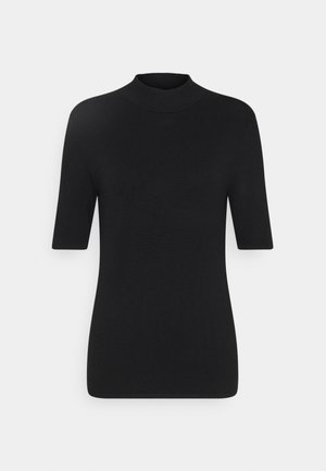 Haut noir à manches courtes avec col roulé, fabriqué en tissu lisse et extensible, avec une silhouette ajustée et un col côtelé.