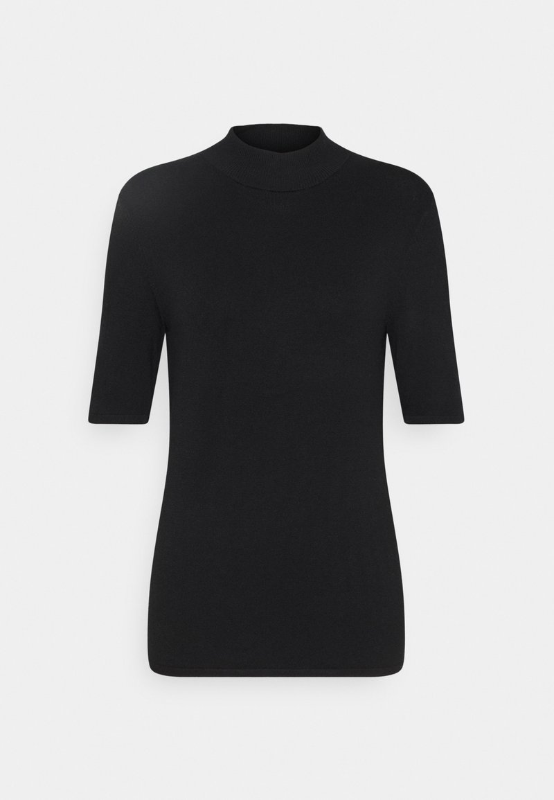 Haut noir à manches courtes avec col roulé, fabriqué en tissu lisse et extensible, avec une silhouette ajustée et un col côtelé.