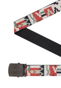 Woven fabric belt featuring a geometric pattern in red, green, and black, with a black elastic section and a silver-tone metal buckle.