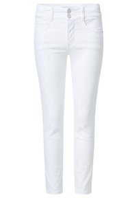 Bílé džínsy z denimu s úzkým střihem, zapínáním na dva knoflíky, pět kapsami a hladkou texturou. Žádné viditelné vzory ani ozdoby.