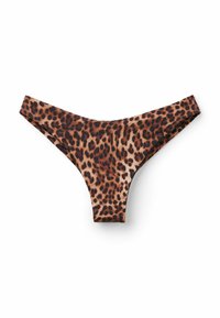 Bikini-bottom i leopardmönster med lågt midjeband och moderat täckning, visad mot en vit bakgrund.