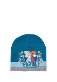 Berretto di lana in teal con un bordo grigio. Presenta illustrazioni di due personaggi circondati da fiori. Il testo recita "Famiglia per sempre" in blu.