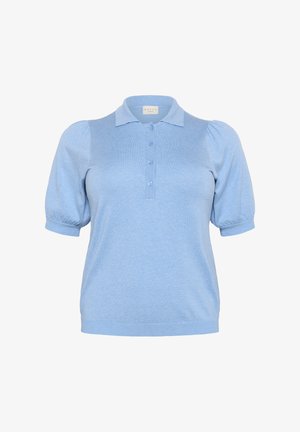 Heledad sinine kudumisega polo särk lühikeste puhvärvidega, ribikantidega ja kolme nupuga krae. Pehme tekstuur klassikalise kraedisainiga.