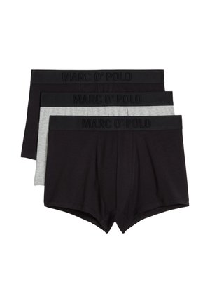 Trois boxers pour hommes en noir et gris, chacun avec une ceinture noire embossée du logo "MARC O' POLO".