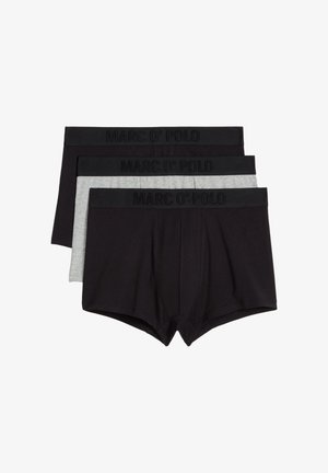 Drei Herren-Boxershorts in Schwarz und Grau, jeweils mit einem schwarzen Bund, der mit dem "MARC O' POLO"-Logo geprägt ist.