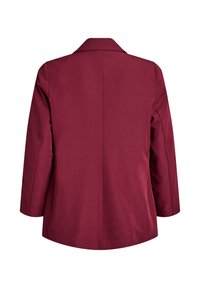 Mørkerød damesakko med lange ærmer, enkel bagsøm og skrå krave, vist fra bagsiden på en hvid baggrund.