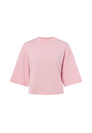 Light pink loose-fit cropped T-shirt with wide short sleeves and a round neckline on a white background.