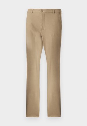 Chinos de algodón beige con un diseño de pierna recta. Cuenta con un cierre de botón y trabillas para cinturón. Textura suave sin patrones visibles.