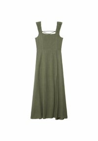 Vestido largo de lino verde oliva con escote cuadrado, tirantes con volantes y espalda cruzada. Presenta una abertura lateral para un detalle adicional.
