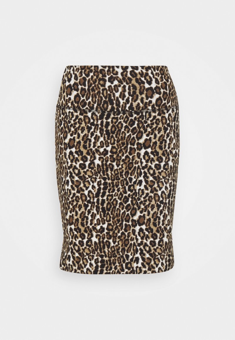 Jupe crayon en imprimé léopard avec un design ajusté, fabriquée dans un matériau extensible à la texture lisse et dotée d'une taille confortable.