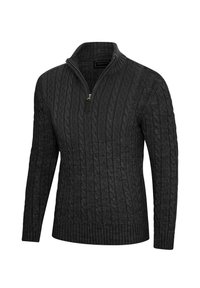 Schwarzer Strickpullover mit Reißverschluss-Kragen, der ein strukturiertes Zopfmuster und gerippte Bündchen und Saum aufweist. Langlebiger Stoff.