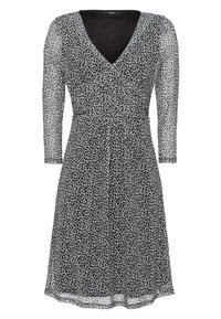 Vestido con estampado de hojas en blanco y negro, con escote en V, mangas largas, cintura ajustada y falda fluida. Tejido ligero y semitransparente.