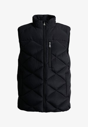 Zwart gewatteerd mouwloos vest met hoge kraag, ritssluiting aan de voorkant en verticale borstzak met rits, geïsoleerd op een witte achtergrond.