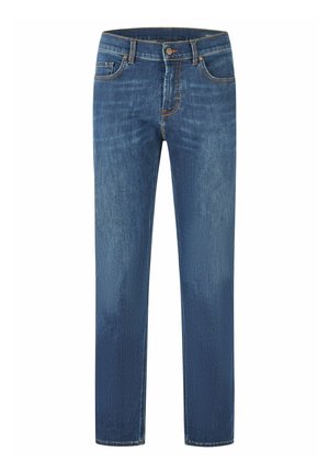 Blaujeans mit geradem Bein, leicht ausgewaschen, Fünf-Taschen-Stil, Knopfverschluss und Gürtelschlaufen.