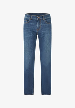 Blaujeans mit geradem Bein, leicht ausgewaschen, Fünf-Taschen-Stil, Knopfverschluss und Gürtelschlaufen.