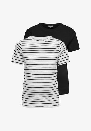 To t-shirts med korte ærmer, en sort og en hvid med tynde sorte vandrette striber, vist overlappende på en hvid baggrund.