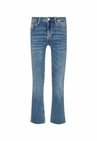 Ljusblå denimjeans med utsvängd ben-design, fem fickor och standardmidja med knäppning och sömdetaljer.