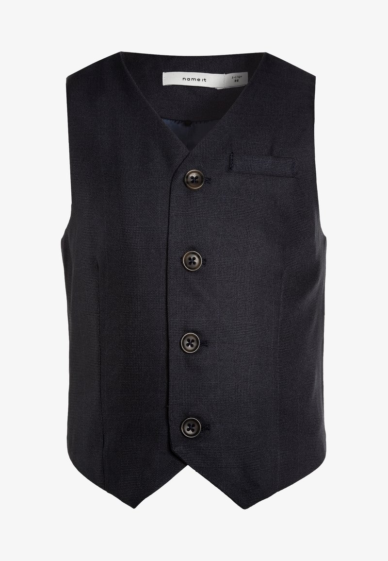 Donkerblauw, mouwloos vest met een V-hals, vijf knopen en een klein borstzakje. Gemaakt van gestructureerde stof met een gladde binnenkant.