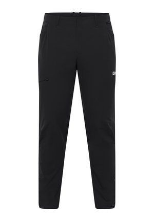 Zwarte broek gemaakt van lichtgewicht, flexibel materiaal met een rechte pasvorm. Bevat twee zijzakken en een met rits afsluitbare zijzak.