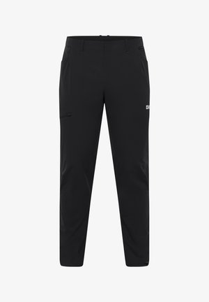 Zwarte broek gemaakt van lichtgewicht, flexibel materiaal met een rechte pasvorm. Bevat twee zijzakken en een met rits afsluitbare zijzak.