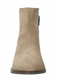 Beige Wildleder Stiefelette mit glatter Textur, runder Zehenpartie und einem seitlichen Reißverschluss. Verfügt über eine niedrige, flache Holzsohle.
