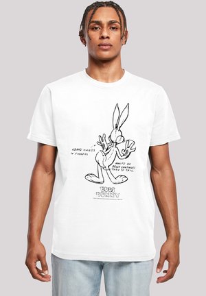 White cotton t-shirt featuring a black cartoon graphic of Bugs Bunny, with text detailing features like "long hands" and "4 fingers."