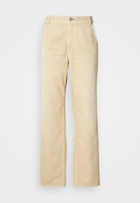 Χακί παντελόνια με φαρδιά γραμμή από απαλό βαμβάκι, με ένα κούμπωμα με κουμπί, τσέπες μπροστά και ορατές ραφές κατά μήκος των ραφών.