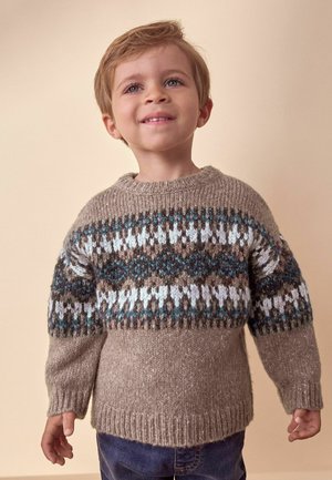 Pulover tricotat de culoare marron deschis, cu un yoke cu model în alb, teal și marron. Guler și manșete ribbate; croială lejeră pentru confort.