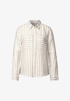 Camisa de botones blanca y gris a rayas, confeccionada en tejido ligero. Presenta dos bolsillos frontales y mangas largas con detalles en los puños.