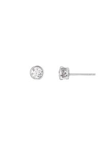 Runde, klare Diamant-Steckerohrringe in einem silbernen Metallrahmen. Mit einem gewindenähnlichen Stift und einer sicheren Rückseite. Einfaches und elegantes Design.